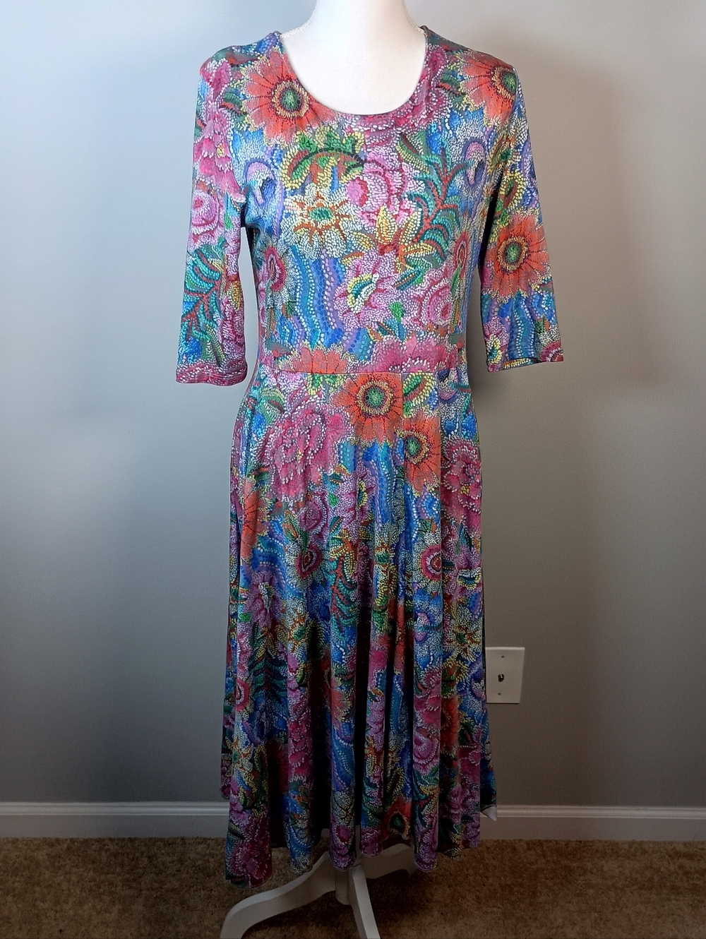 Peruvian Connection M Boho Floral Pointillist Cottagecore Summer Midi Dress NEW